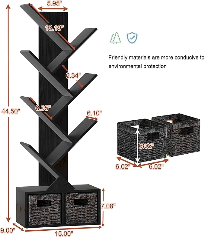 Vagusicc 6 Tier Tree Bookshelf - Modern Shelf Floor Standing Bookcase with Baskets, Tall Wood Book Storage Rack for Books/CDs, Tree Utility Book Organizer Shelves for Living Room, Home Office, Bedroom - LeafyLoom