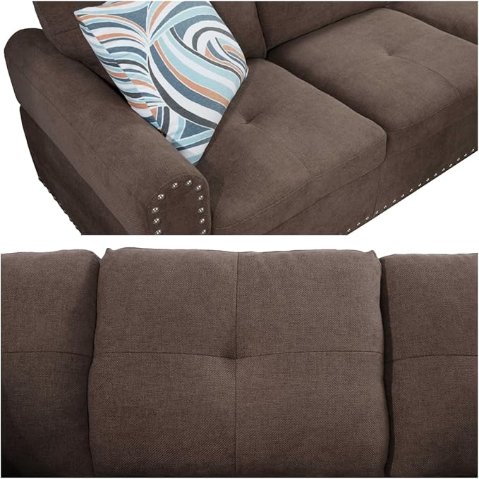 L Shaped Sofa with Ottoman Modern Sectional Living Room, Bedroom, Office, L Couch Brown-Linen - LeafyLoom