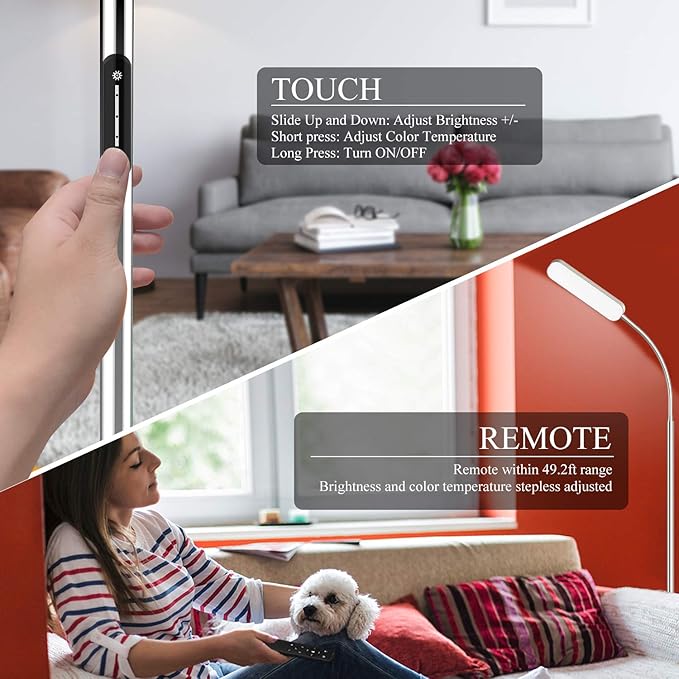 Floor Lamp, 15w/1000lm Bright LED Floor Lamp with Stepless Adjustable 3000K-6000K Colors and Dimmer, Remote and Touch Control Reading Lamp, Adjustable Gooseneck Floor Lamp for Living Room - LeafyLoom