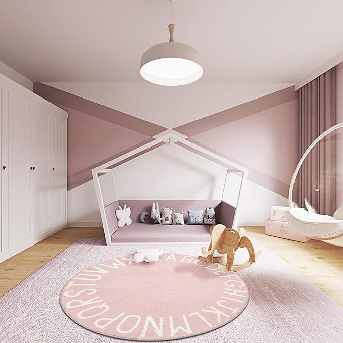 Topotdor Round Kids Play Rug Alphabet Nursery Area Rug Extra Large Soft Crawling Play Mat for Children Toddlers Bedroom (47 inch, Pink) - LeafyLoom