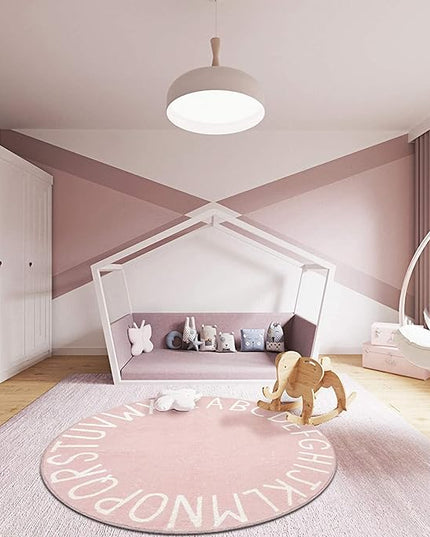 Topotdor Round Kids Play Rug Alphabet Nursery Area Rug Extra Large Soft Crawling Play Mat for Children Toddlers Bedroom (71 inch, Pink) - LeafyLoom