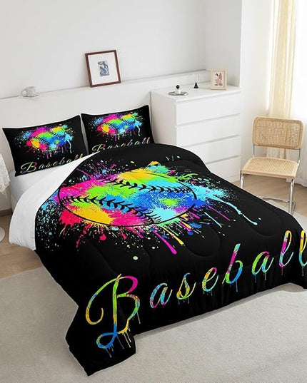 Kids Baseball Comforter Set Full Size Sports Game Bedding Set for Boys Girls Teens Bedroom Decor Baseball Gaming Comforter Women Men Tie Dye Duvet Set with 2 Pillow Case - LeafyLoom