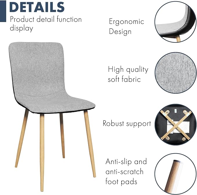 Wonder Comfort Set of 4 with Wood-Like Oka Metal Legs, Fabric Armless Accent Dining Room Side-Chair with Black Leather, Gray, PU Back - LeafyLoom