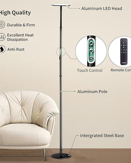 chiphy Floor Lamp, 76'' Tall Lamp, 40W 3500LM 30000Lux Super Bright Floor Lamps for Living Room, Dimmable 2300K-6500K Adjustable Gooseneck with Remote Control Floor Lamp for Bedroom Reading Office - LeafyLoom