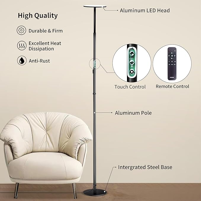 chiphy Floor Lamp, 76'' Tall Lamp, 40W 3500LM 30000Lux Super Bright Floor Lamps for Living Room, Dimmable 2300K-6500K Adjustable Gooseneck with Remote Control Floor Lamp for Bedroom Reading Office - LeafyLoom
