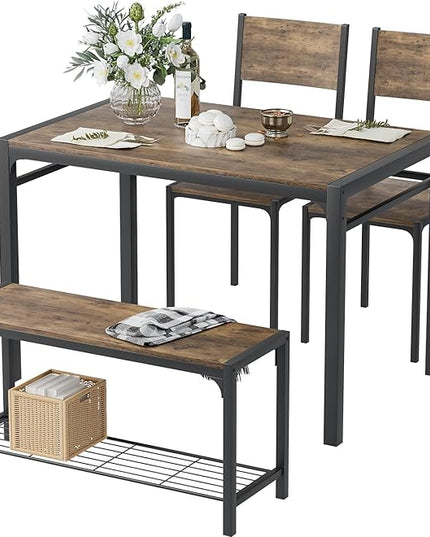 Kitchen Table and 2 Chairs for 4 with Bench, 4 Piece Dining Sets for Small Space, Rustic Brown - LeafyLoom