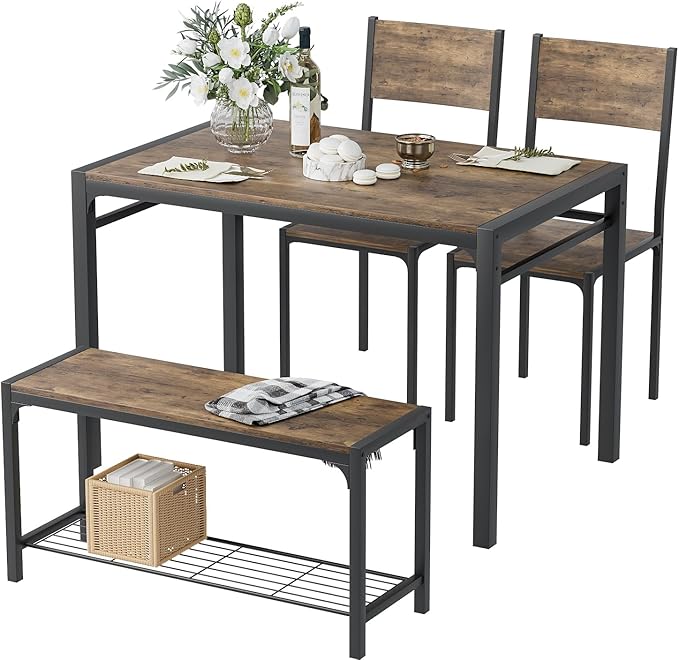 Kitchen Table and 2 Chairs for 4 with Bench, 4 Piece Dining Sets for Small Space, Rustic Brown - LeafyLoom