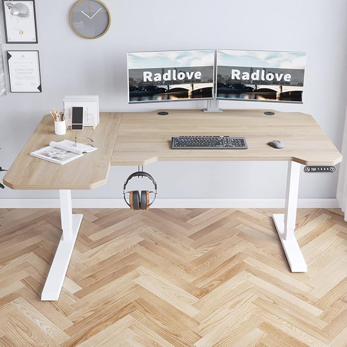 Radlove 59-Inch Large Electric Height Adjustable Computer L-Shaped Desk with Memory Controller Corner Standing Desk Modern Workstation with Splice Board Ergonomic Desk (White Frame + Oak Top) - LeafyLoom