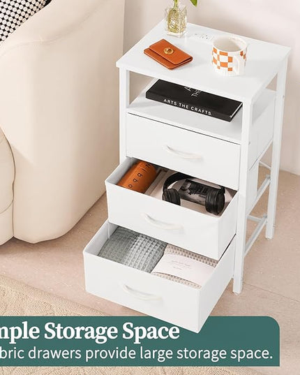 Yoobure Night Stand with Charging Station, 16 Colors LED Nightstand with USB Ports and Outlets, End Table with 3 Fabric Drawers and Storage Shelf, Bedside Tables Small Dresser for Small Space White - LeafyLoom