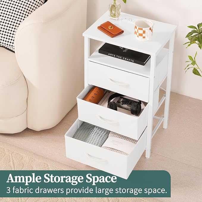 Yoobure Night Stand with Charging Station, 16 Colors LED Nightstand with USB Ports and Outlets, End Table with 3 Fabric Drawers and Storage Shelf, Bedside Tables Small Dresser for Small Space White - LeafyLoom