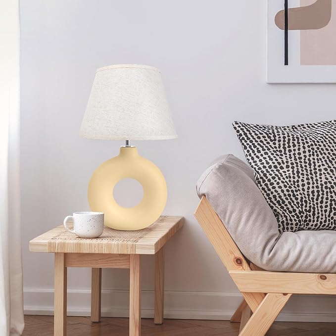 Yellow Table Lamp for Living Room Bedroom, 21" Modern Boho Ceramic Bedside Lamps for Kids Room 3 Color Temperature Small Lamps for Night Stands, Dorm, Dining Room, Home Décor (Bulb Included) - LeafyLoom