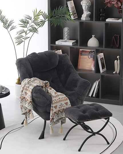 Lazy Chair with Ottoman, Modern Accent Chair Contemporary Lounge Leisure Upholstered Sofa Chair Set with Armrests, Reading Chair for Living Room, Bedroom, Office, Plush Navy - LeafyLoom