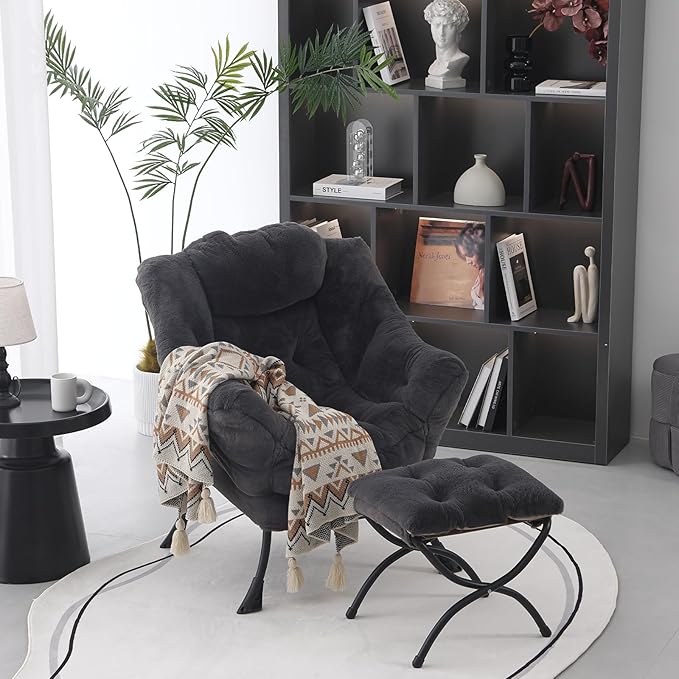 Lazy Chair with Ottoman, Modern Accent Chair Contemporary Lounge Leisure Upholstered Sofa Chair Set with Armrests, Reading Chair for Living Room, Bedroom, Office, Plush Navy - LeafyLoom