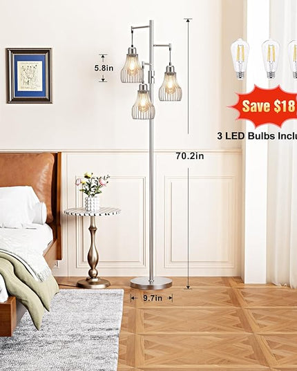 Dimmable Floor Lamp, 3 x 800LM LED Edison Bulbs Included, Farmhouse Industrial Floor Lamp Standing Tree Lamp with Elegant Cage Tall Lamps for Living Room Bedroom Office - Silver - LeafyLoom