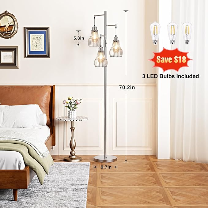 Dimmable Floor Lamp, 3 x 800LM LED Edison Bulbs Included, Farmhouse Industrial Floor Lamp Standing Tree Lamp with Elegant Cage Tall Lamps for Living Room Bedroom Office - Silver - LeafyLoom