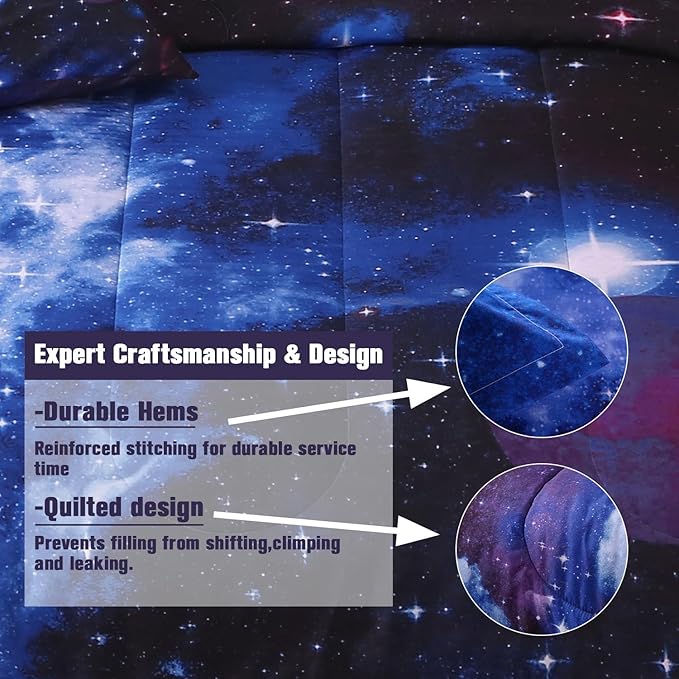 JQinHome Twin Galaxy Comforter Sets 6 Piece Bed in A Bag, Outer Space Themed Bedding for Children Boy Girl Teen Kids - (1 Comforter, 1 Flat Sheet, 1 Fitted Sheet, 2 Pillowshams, 1 Cushion Cover) - LeafyLoom
