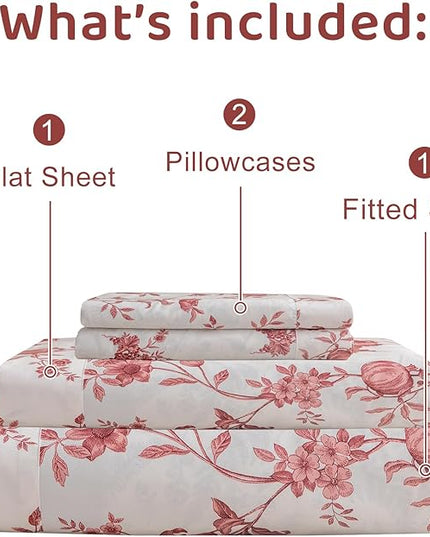 QSH Floral Queen Size Sheet Sets - 100% Egyptian Cotton Sheets Elegant Red Roses Flower Pattern Printed Bedding Sheets Queen Size Bed Extra Soft and Breathable 4pcs Deep Pockets Bed Sheets - LeafyLoom