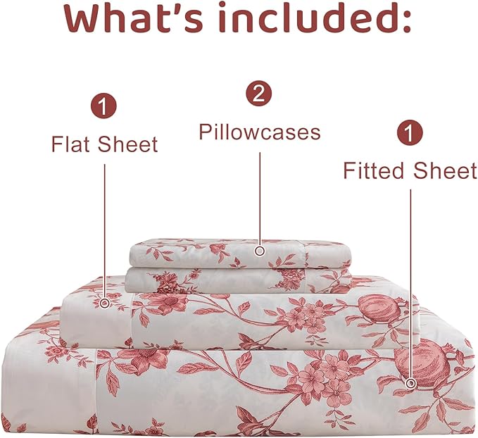 QSH Floral Queen Size Sheet Sets - 100% Egyptian Cotton Sheets Elegant Red Roses Flower Pattern Printed Bedding Sheets Queen Size Bed Extra Soft and Breathable 4pcs Deep Pockets Bed Sheets - LeafyLoom