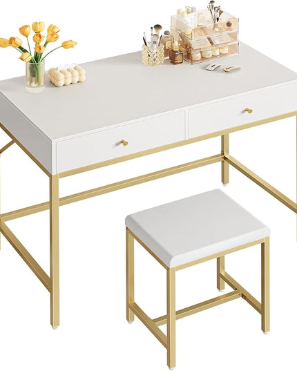 SUPERJARE 35.4" White and Gold Desk with 2 Drawers, Modern Makeup Vanity Desk with Padded Stool, Small Computer Desk Home Office Desk for Writing Study Bedroom - LeafyLoom