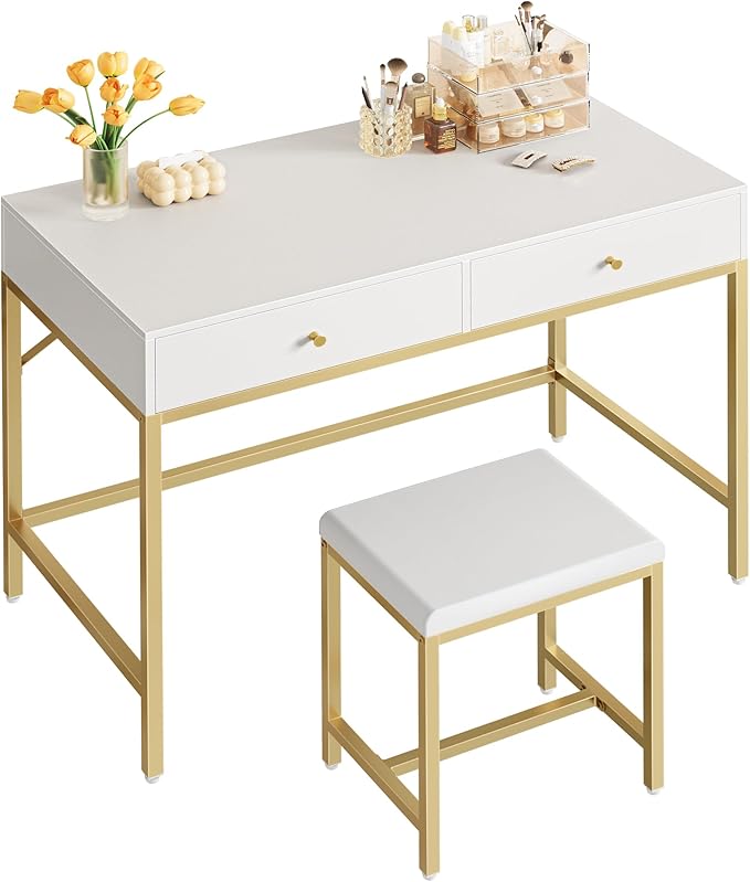 SUPERJARE 35.4" White and Gold Desk with 2 Drawers, Modern Makeup Vanity Desk with Padded Stool, Small Computer Desk Home Office Desk for Writing Study Bedroom - LeafyLoom