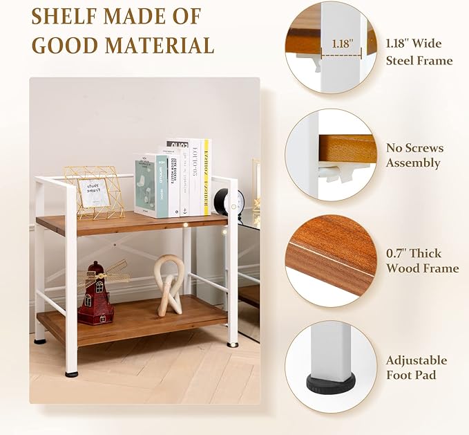 2 Tier White Bookshelf, Real Wood Bookshelf Simply Assembled in 10 Minutes, Metal Book Shelf for Storage, Bookcase for Office Organization and Storage, 12.6 D x 23.62 W x 22.83 H Inches - LeafyLoom