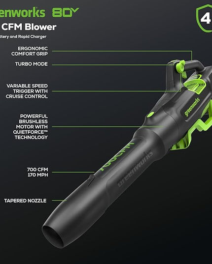 Greenworks 80V 700 CFM Cordless Leaf Blower, 2.5Ah Battery and 45 Minute Rapid Charger - LeafyLoom