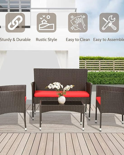 FDW 4 Pieces Wicker Patio Conversation Set Patio Furniture Set with Rattan Chair Loveseats Coffee Table for Outdoor Indoor Garden Backyard Porch Poolside Balcony,Brown Wicker/Red Cushions - LeafyLoom