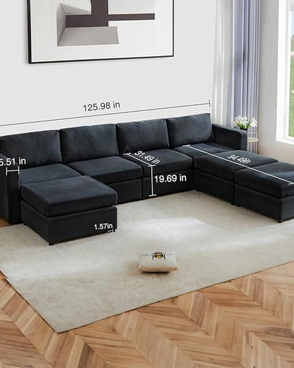 Sweetcrispy Convertible Modular Sectional Sofa, 7 Seat Sectional Couches for Living Room, U-Shaped Modern Fabric Modular Sofa Sleeper with Double Chaise for Home, Apartment, Dorm, Dark Grey - LeafyLoom