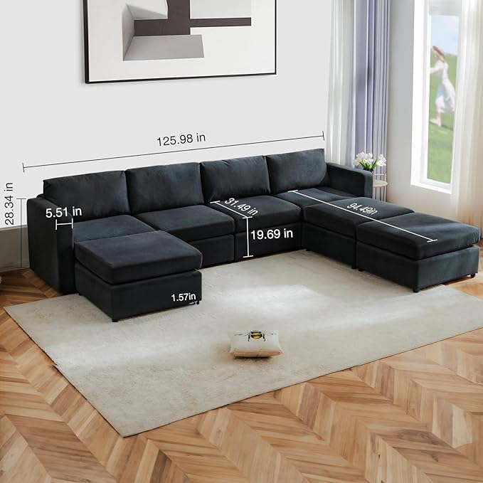 Sweetcrispy Convertible Modular Sectional Sofa, 7 Seat Sectional Couches for Living Room, U-Shaped Modern Fabric Modular Sofa Sleeper with Double Chaise for Home, Apartment, Dorm, Dark Grey - LeafyLoom