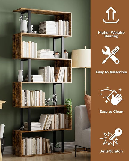 Gadroad 6 Tier Geometric Bookcase,S Shaped Bookshelf, Wood Decorative Storage Shelving, Modern Freestanding Display Shelves, Tall Book Shelf Unit for Living Room Bedroom, Rustic Brown - LeafyLoom