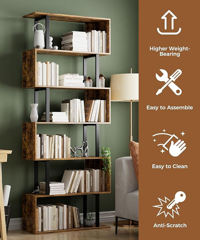 Gadroad 6 Tier Geometric Bookcase,S Shaped Bookshelf, Wood Decorative Storage Shelving, Modern Freestanding Display Shelves, Tall Book Shelf Unit for Living Room Bedroom, Rustic Brown - LeafyLoom