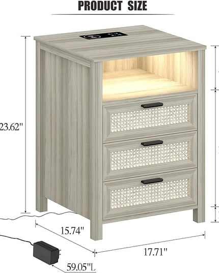 Rattan Nightstand with Charging Station, Night Stand with 3 Drawers and Open Shelf, Bed Side Table with LED Lights for Bedroom, Living Room, Grey - LeafyLoom