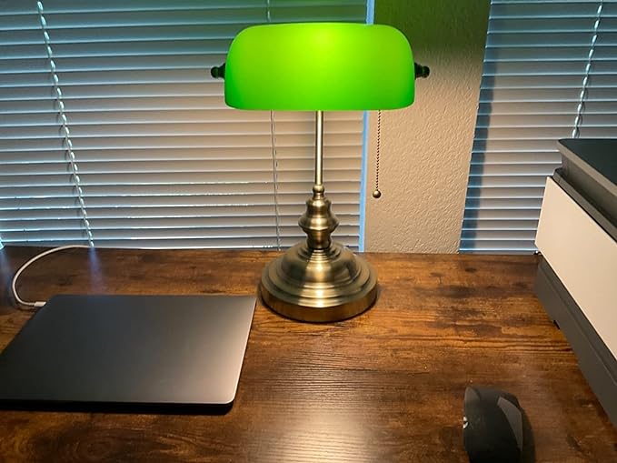 Newrays Glass Bankers Desk Lamp with Pull Chain Switch Plug in Fixture (Green) - LeafyLoom