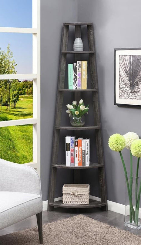 Convenience Concepts Newport 5 Tier Corner Bookcase, Weathered Gray - LeafyLoom