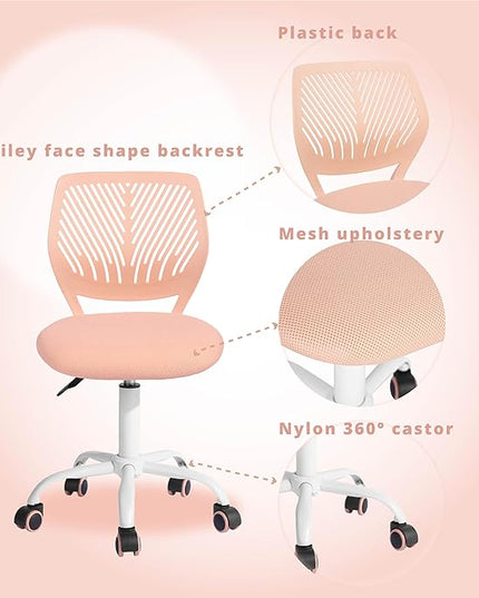 FurnitureR Teens Girls Task Chair 360 Swivel, Low Mid PP Mesh Back Fabric Seat, Height Adjustable, Rolling Castor, W15.7inces x D15.2inces x H29.5-34.2inches (Rose) - LeafyLoom