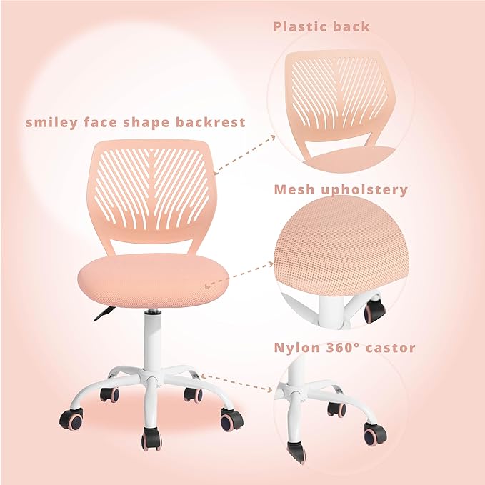 FurnitureR Teens Girls Task Chair 360 Swivel, Low Mid PP Mesh Back Fabric Seat, Height Adjustable, Rolling Castor, W15.7inces x D15.2inces x H29.5-34.2inches (Rose) - LeafyLoom