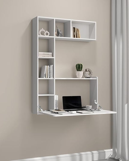 DMAITH Wall Mounted Desk, White Folding Desk for Small Spaces, Hidden Pull Down Floating Writing Desk with Storage Shelf for Home Office - LeafyLoom