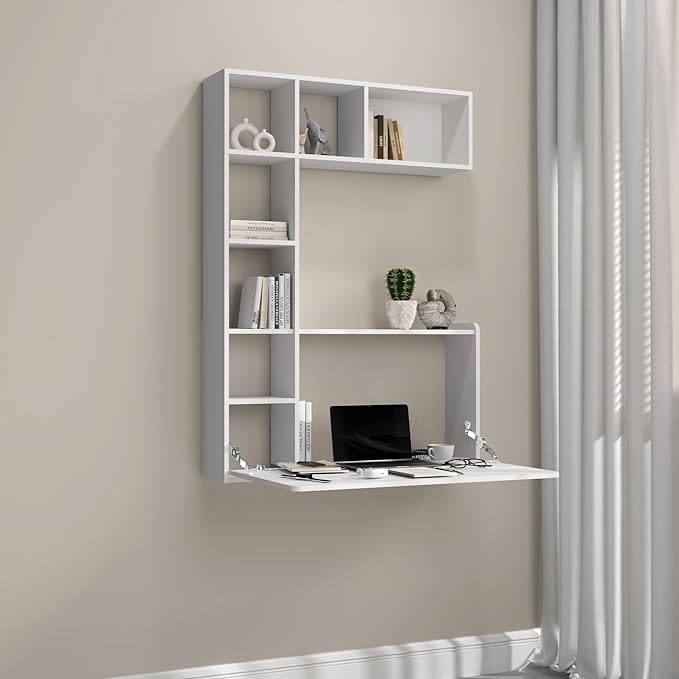 DMAITH Wall Mounted Desk, White Folding Desk for Small Spaces, Hidden Pull Down Floating Writing Desk with Storage Shelf for Home Office - LeafyLoom