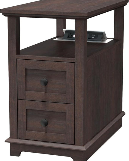HIFYOBRO End Table with 2 Drawers, Storage Side Table with Flip Top Fast Charging Station, Type-C & USB port & Power outlets, Wooden Storage Cabinet for Living Room and Bedroom - LeafyLoom