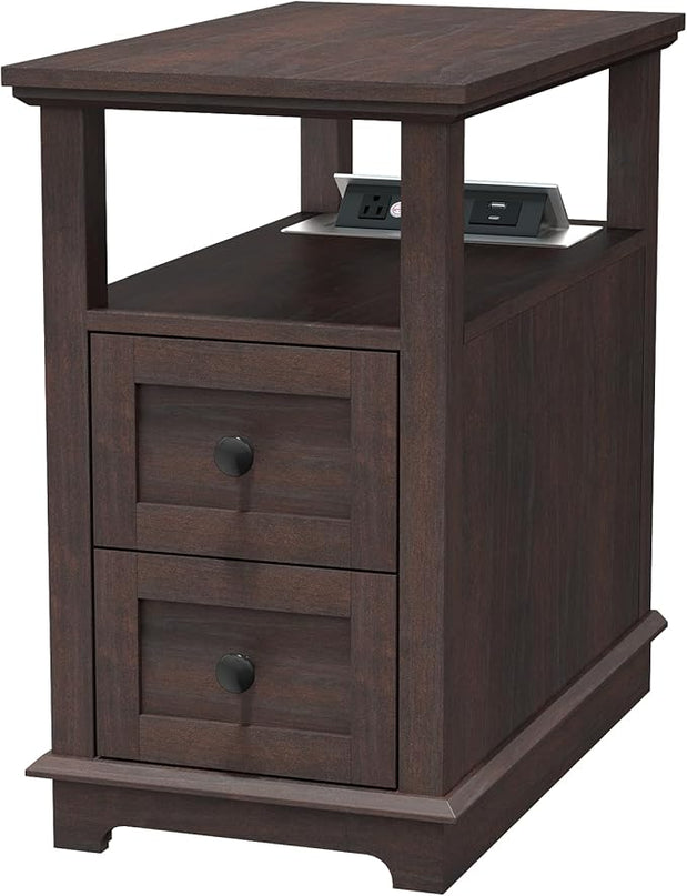 HIFYOBRO End Table with 2 Drawers, Storage Side Table with Flip Top Fast Charging Station, Type-C & USB port & Power outlets, Wooden Storage Cabinet for Living Room and Bedroom - LeafyLoom