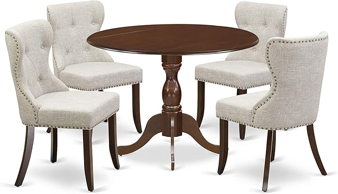 East West Furniture DMSI5-MAH-35 5 Piece Dinette Set for 4 Includes a Round Dining Room Table with Dropleaf and 4 Doeskin Linen Fabric Upholstered Parson Chairs, 42x42 Inch, Mahogany - LeafyLoom