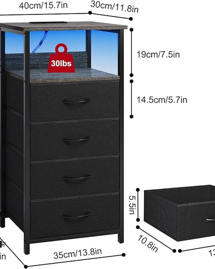 Fixwal Dressers for Bedroom Night Stand with Charging Station, LED Tall Nightstand with USB Ports and Outlets, 4 Fabric Storage Drawers with PU Finish, Small Dresser Bed Side Table, Charcoal Gray - LeafyLoom