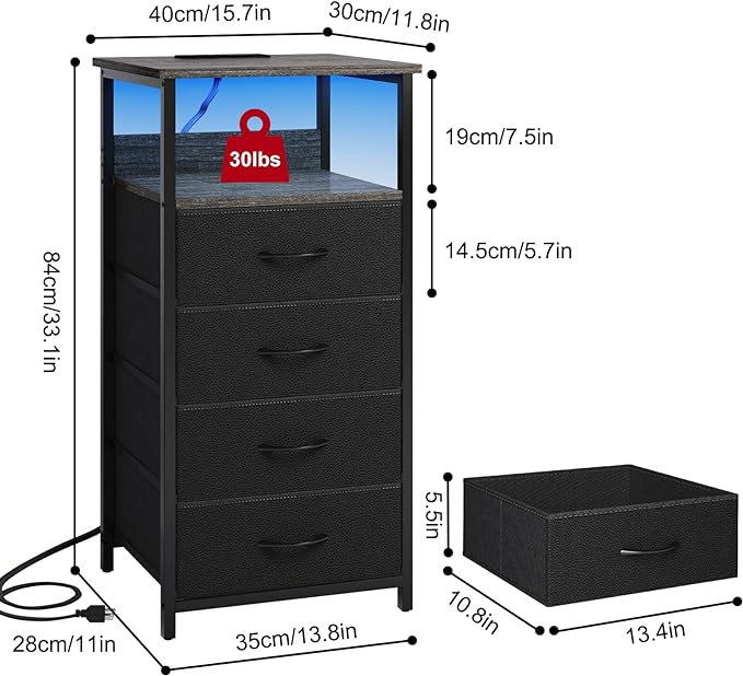 Fixwal Dressers for Bedroom Night Stand with Charging Station, LED Tall Nightstand with USB Ports and Outlets, 4 Fabric Storage Drawers with PU Finish, Small Dresser Bed Side Table, Charcoal Gray - LeafyLoom