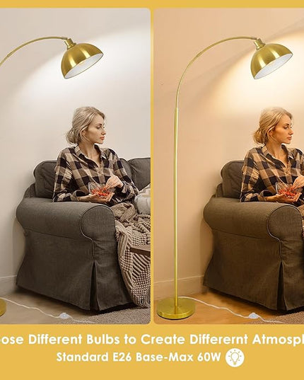 Arc Floor Lamps for Living Room,Modern Tall Standing Lamp Gold Floor Lamp with Adjustable Hanging Dome Shade,Over Couch Mid Century Arched Reading Lamp for Bedroom,Office - LeafyLoom