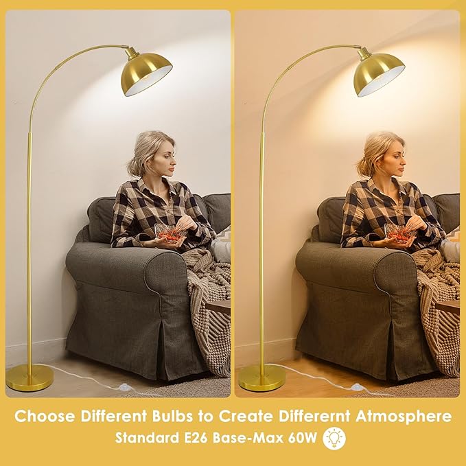 Arc Floor Lamps for Living Room,Modern Tall Standing Lamp Gold Floor Lamp with Adjustable Hanging Dome Shade,Over Couch Mid Century Arched Reading Lamp for Bedroom,Office - LeafyLoom