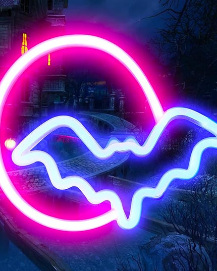 Bat Neon Signs Halloween Decorations, Moon&Bat LED Neon Lights for Wall Decor Battery/USB Operated Night Lights Bat&Moon Lamp for Home, Christmas, Teen Kids Game Room Decor (Pink Moon&Blue Bat) - LeafyLoom