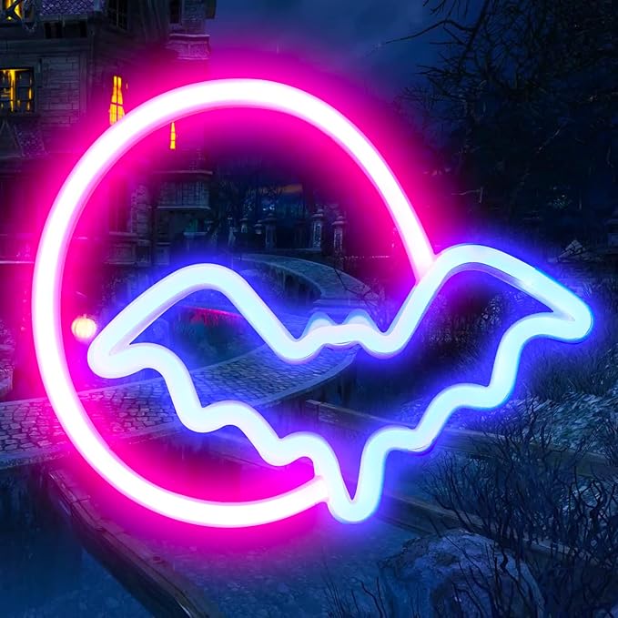 Bat Neon Signs Halloween Decorations, Moon&Bat LED Neon Lights for Wall Decor Battery/USB Operated Night Lights Bat&Moon Lamp for Home, Christmas, Teen Kids Game Room Decor (Pink Moon&Blue Bat) - LeafyLoom