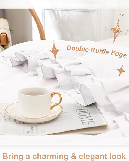 White Double Ruffle Comforter Set Queen Size (90x90 Inch), 3 Pcs Farmhouse Vintage Comforter Set (1 Ruffled Comforter and 2 Pillowcase), Rustic All Season Down Alternative Bedding Set - LeafyLoom