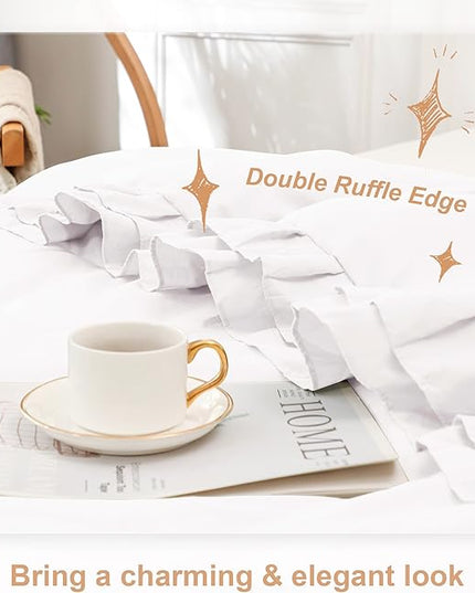 White Double Ruffle Comforter Set King Size (104x90 Inch), 3 Pcs Farmhouse Vintage Comforter Set (1 Ruffled Comforter and 2 Pillowcase), Rustic All Season Down Alternative Bedding Set - LeafyLoom