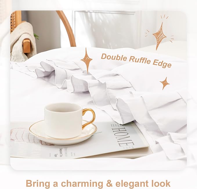 White Double Ruffle Comforter Set King Size (104x90 Inch), 3 Pcs Farmhouse Vintage Comforter Set (1 Ruffled Comforter and 2 Pillowcase), Rustic All Season Down Alternative Bedding Set - LeafyLoom